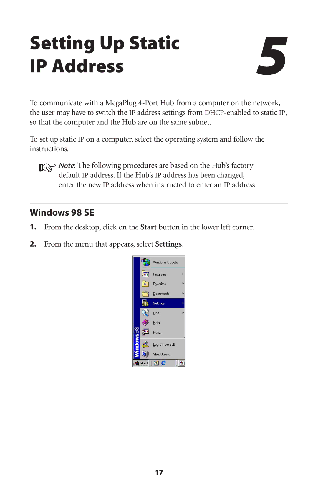 Actiontec electronic HPE400T user manual Setting Up Static IP Address, Windows 98 SE 