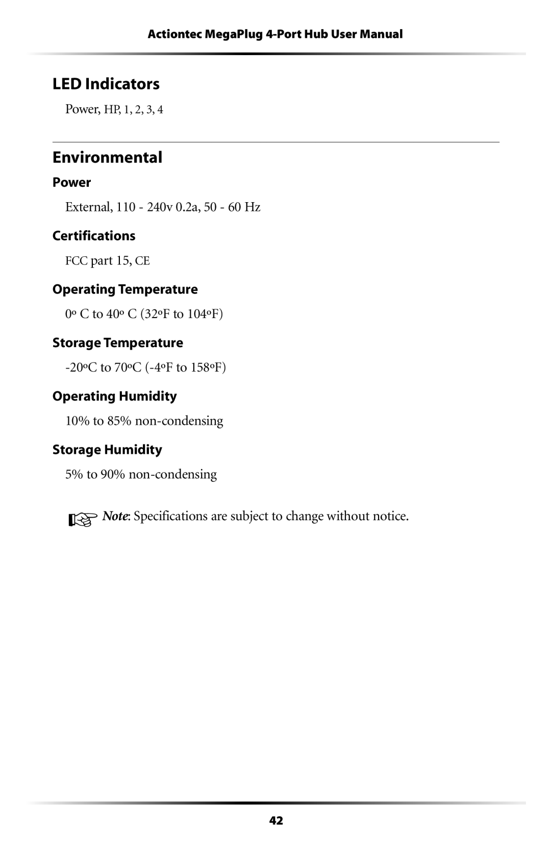 Actiontec electronic HPE400T user manual LED Indicators, Environmental 