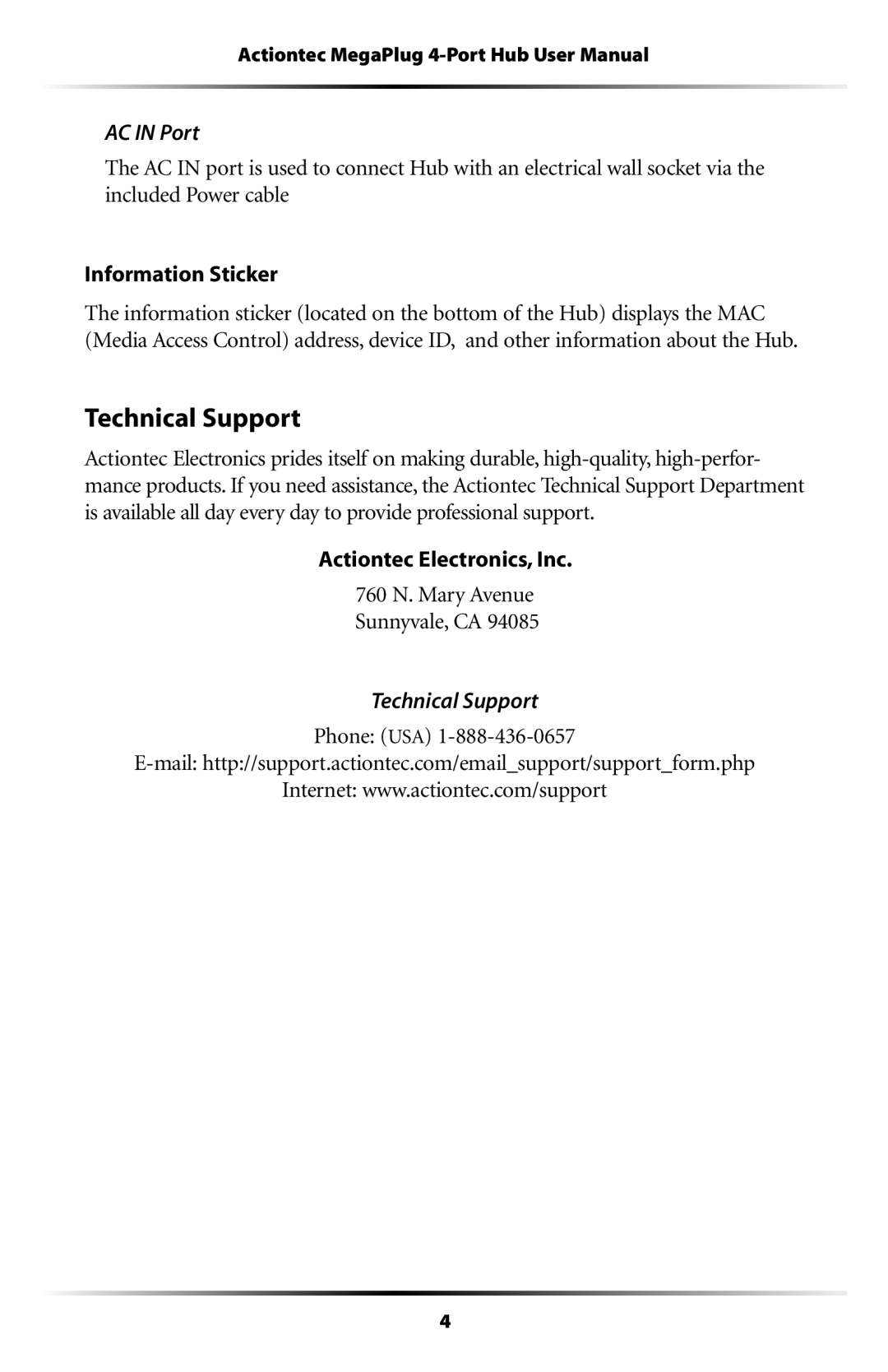 Actiontec electronic HPE400T user manual Technical Support, AC in Port 