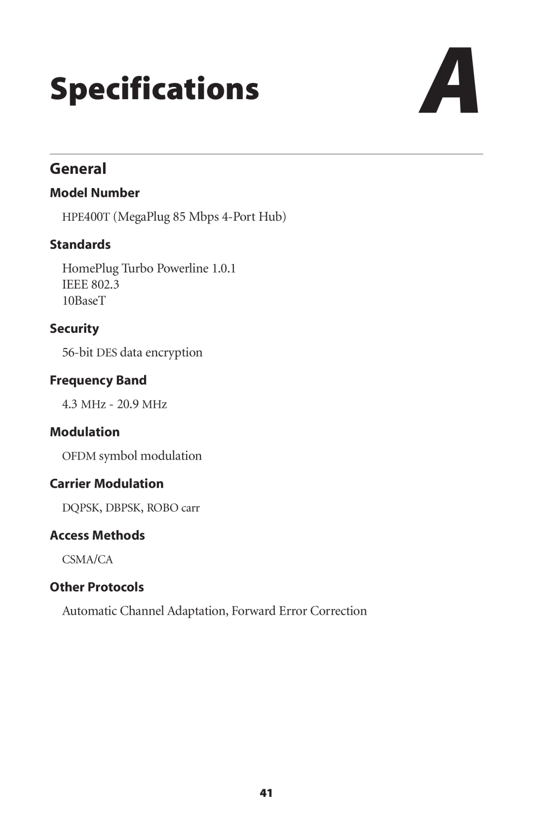 Actiontec electronic HPE400T user manual Specifications A, General 