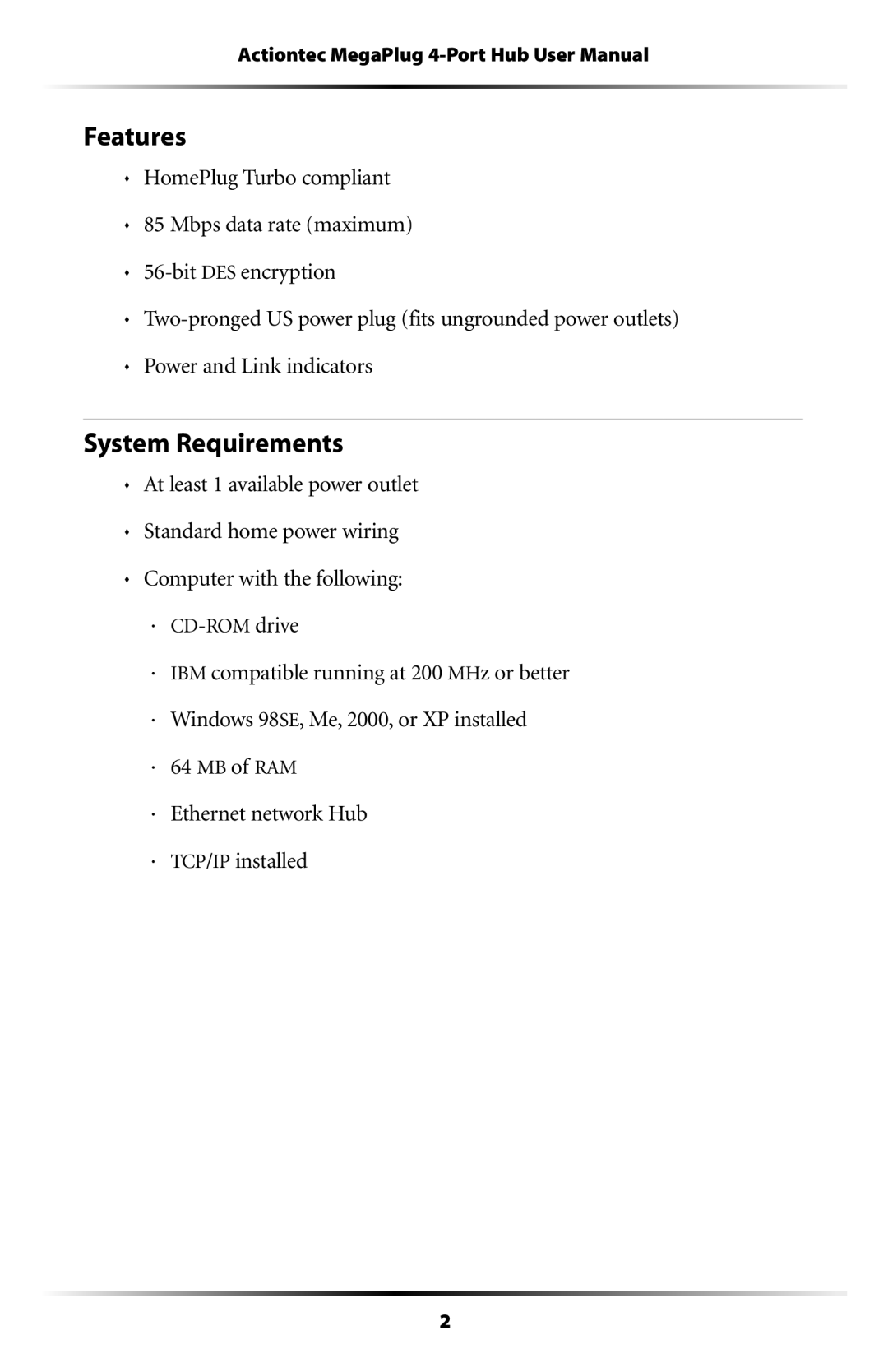 Actiontec electronic HPE400T user manual Features, System Requirements 