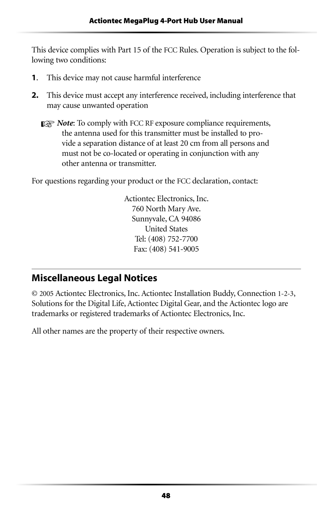 Actiontec electronic HPE400T user manual Miscellaneous Legal Notices 