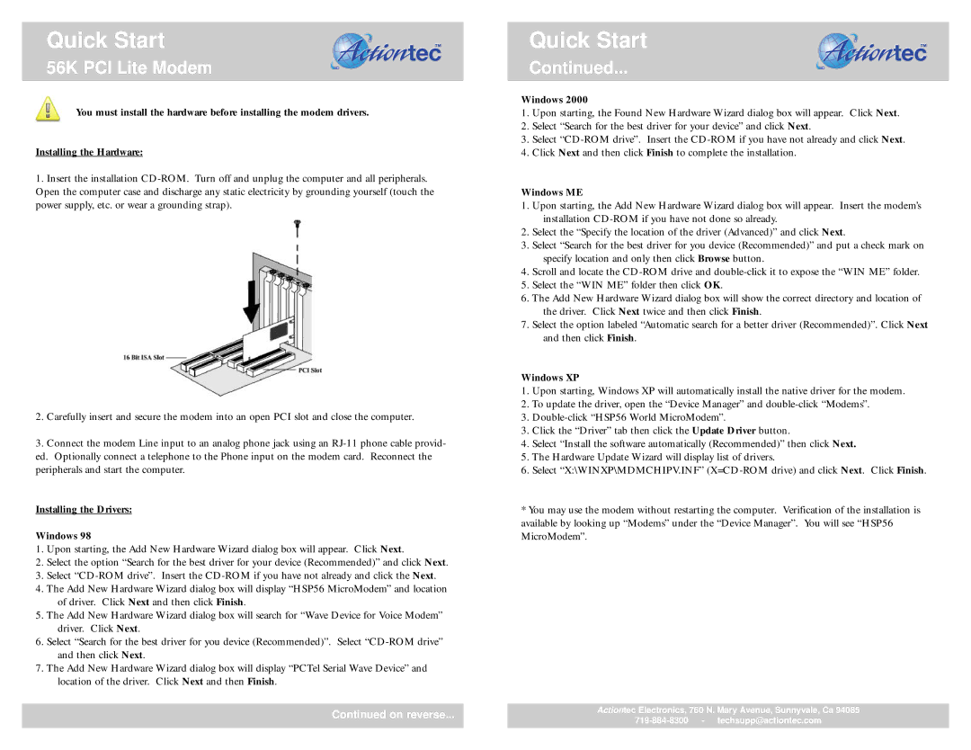 Actiontec electronic HSP56I quick start Quick Start, 56K PCI Lite Modem, Installing the Drivers Windows, Windows ME 