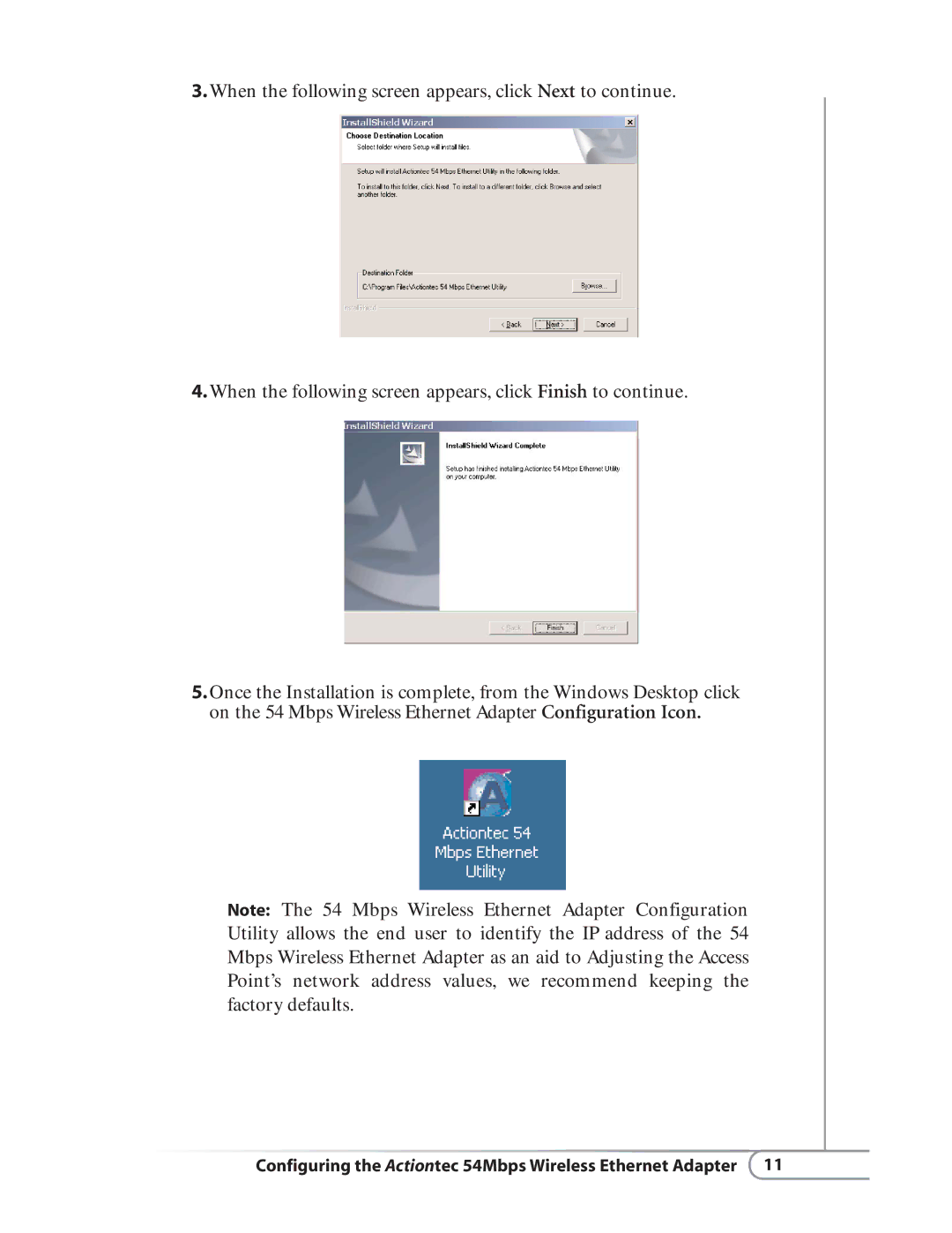 Actiontec electronic HWE05490-01 user manual Configuring the Actiontec 54Mbps Wireless Ethernet Adapter 