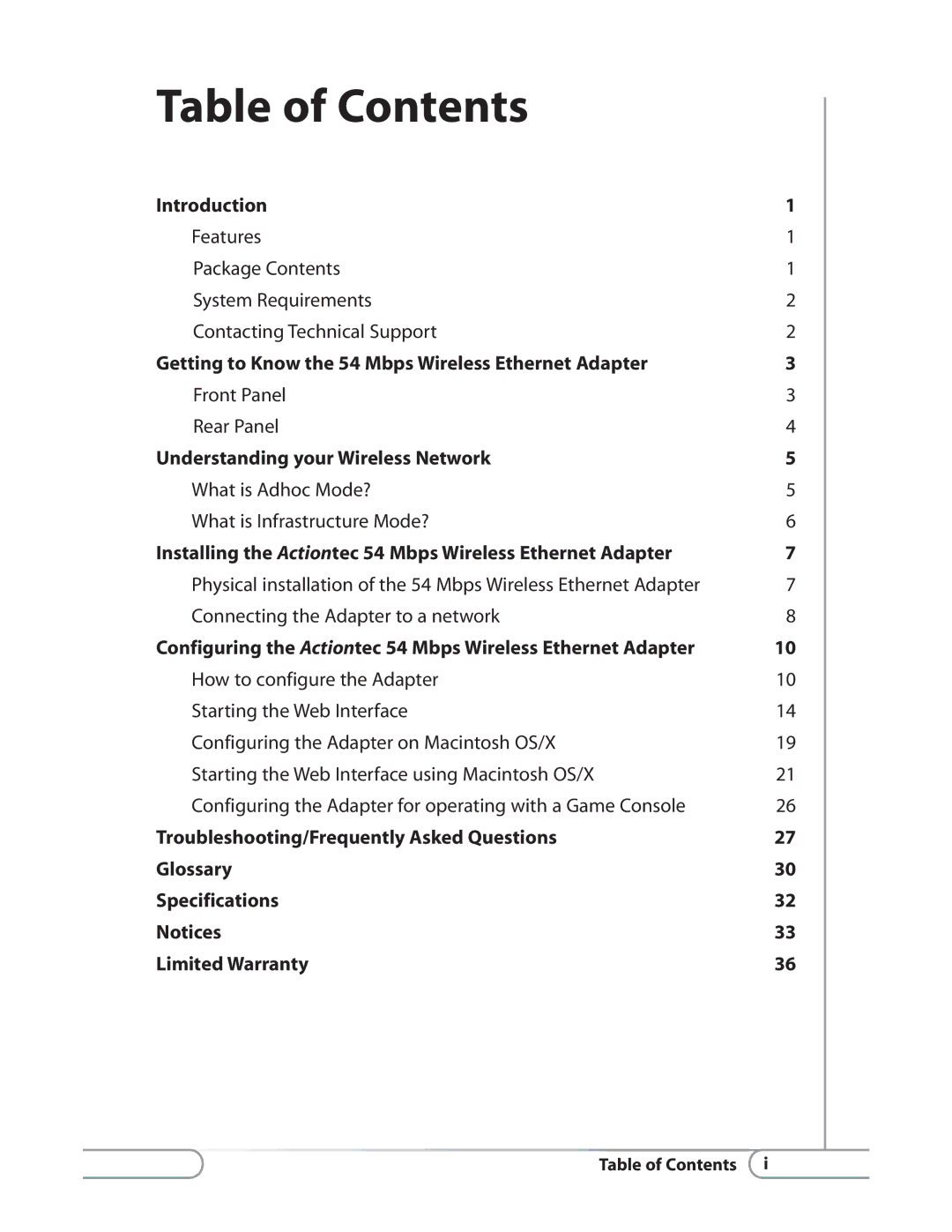 Actiontec electronic HWE05490-01 user manual Table of Contents 