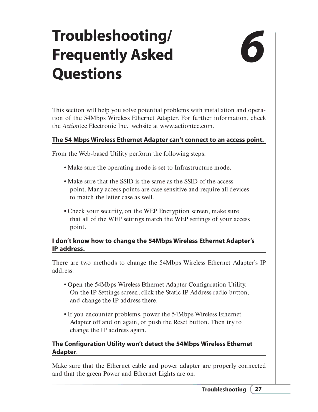 Actiontec electronic HWE05490-01 user manual Troubleshooting Frequently Asked Questions 