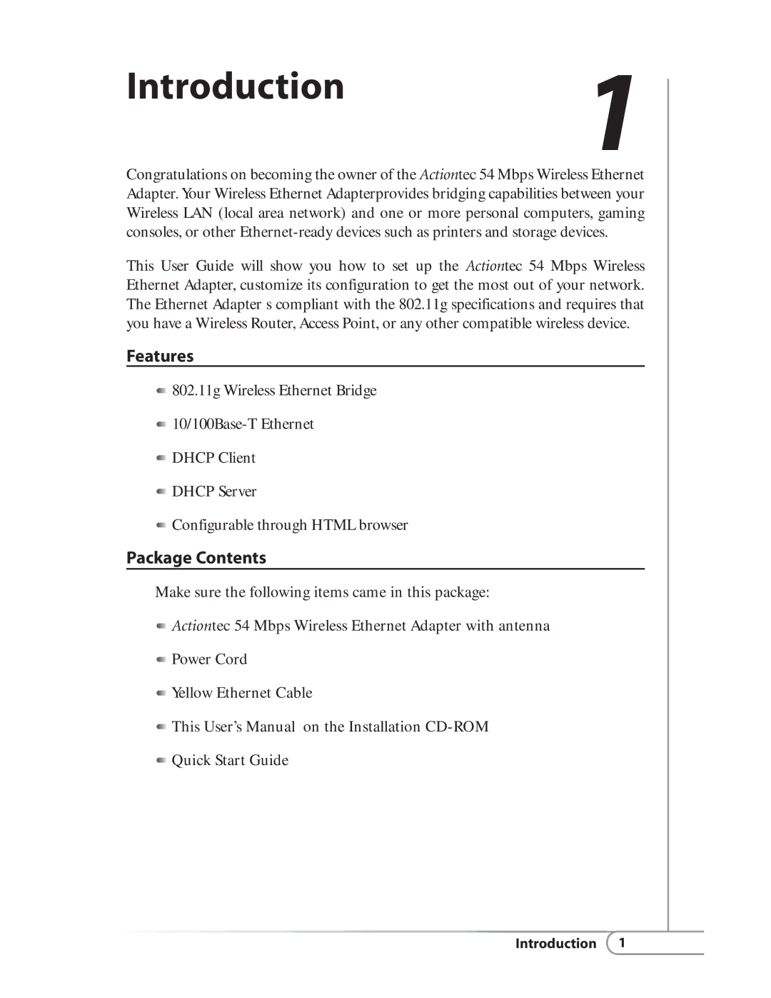 Actiontec electronic HWE05490-01 user manual Introduction1, Features, Package Contents 