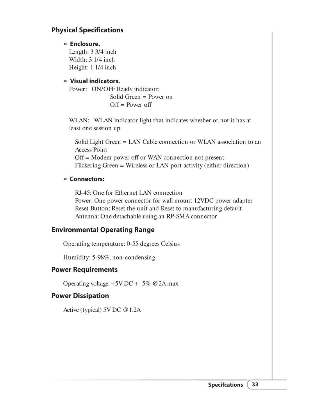 Actiontec electronic HWE05490-01 user manual Physical Specifications, Environmental Operating Range, Power Requirements 