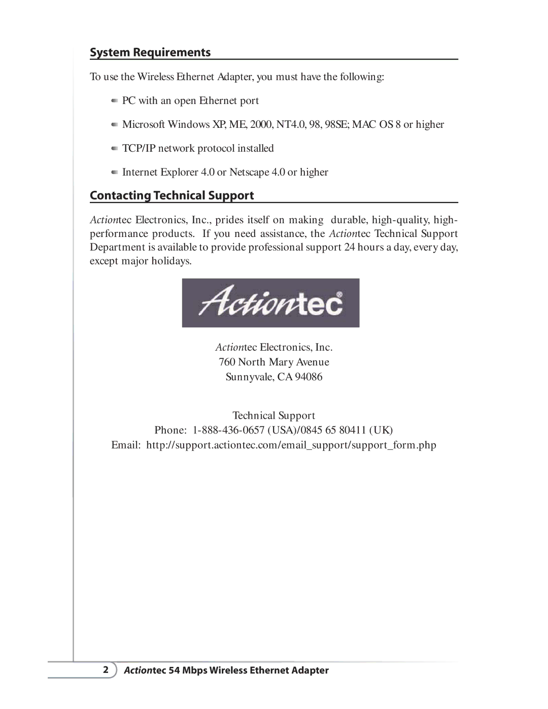 Actiontec electronic HWE05490-01 user manual System Requirements, Contacting Technical Support 