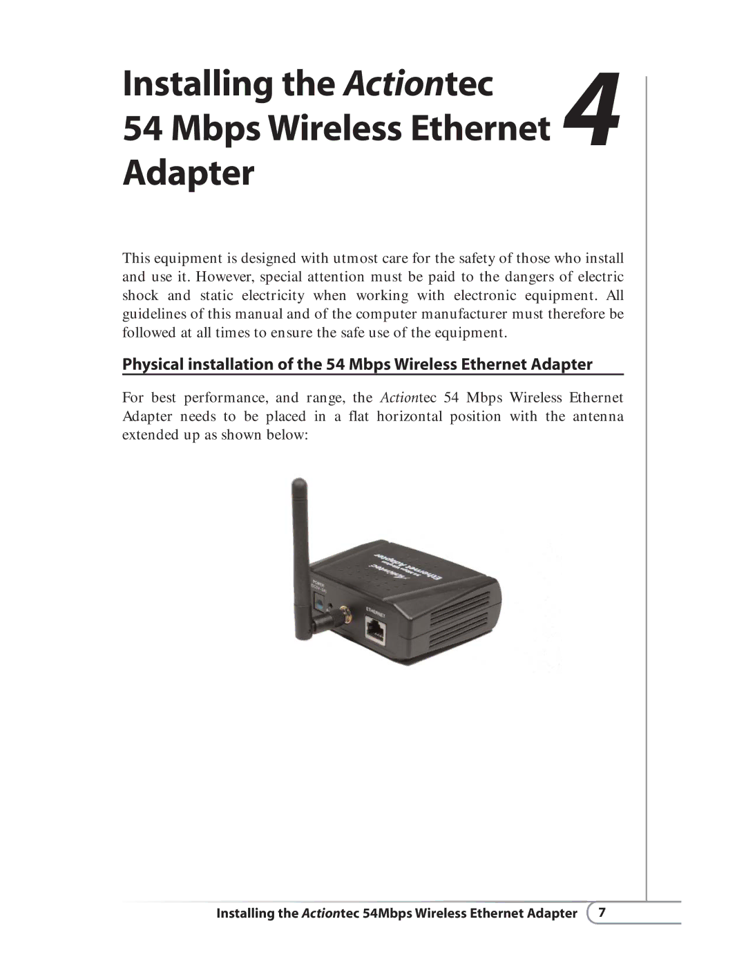 Actiontec electronic HWE05490-01 user manual Installing the Actiontec, Adapter 