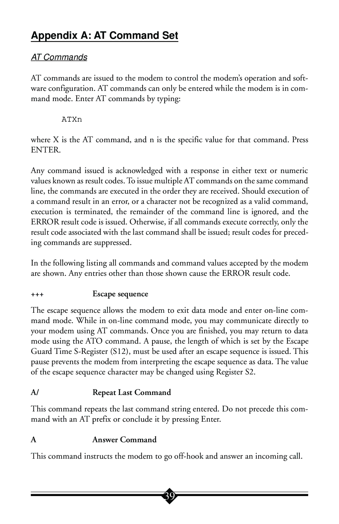 Actiontec electronic IS560LH user manual AT Commands, +++ Escape sequence, Repeat Last Command, Answer Command 