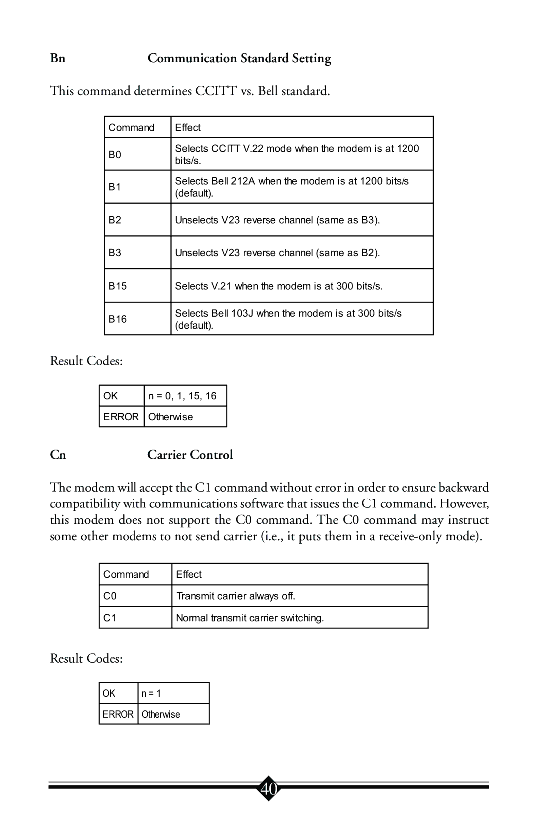 Actiontec electronic IS560LH Communication Standard Setting, This command determines Ccitt vs. Bell standard, Result Codes 