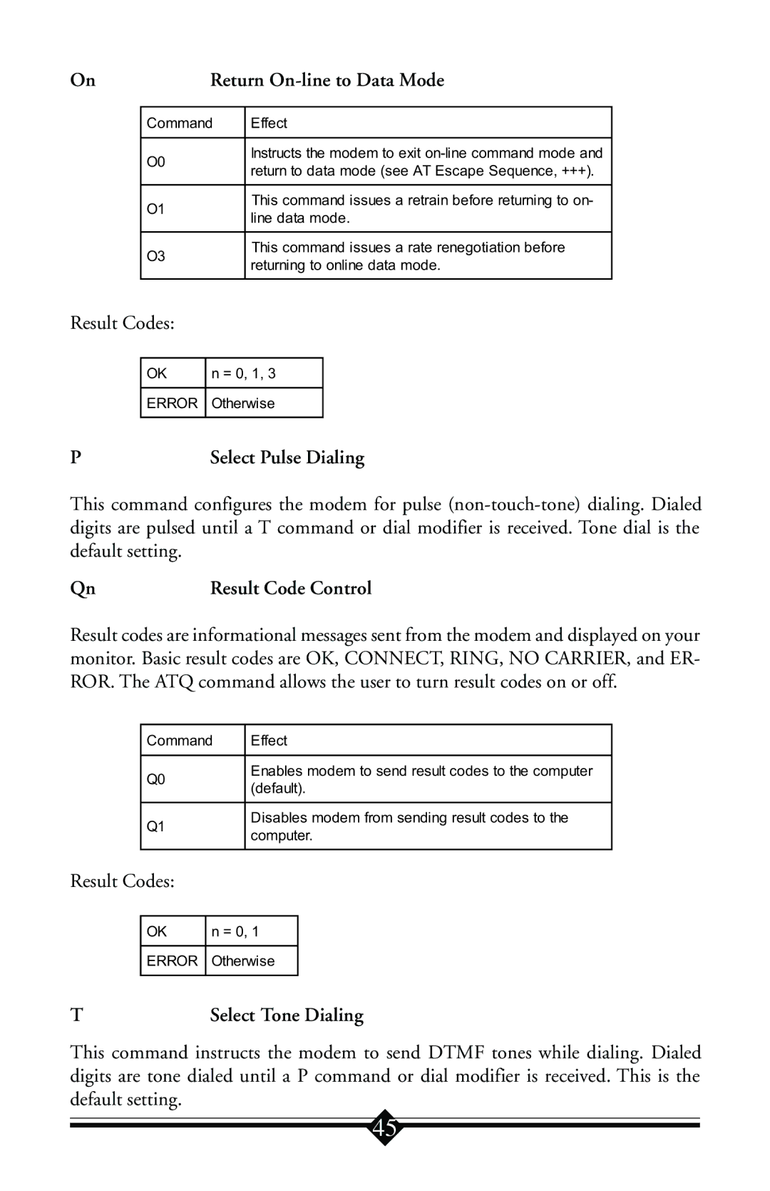 Actiontec electronic IS560LH Return On-line to Data Mode, Select Pulse Dialing, Result Code Control, Select Tone Dialing 