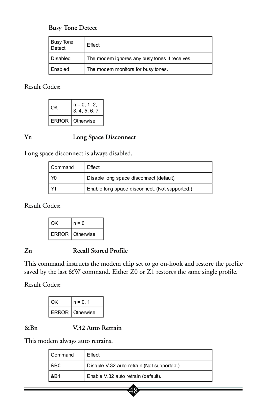 Actiontec electronic IS560LH user manual Busy Tone Detect, Long Space Disconnect, Recall Stored Profile, Auto Retrain 