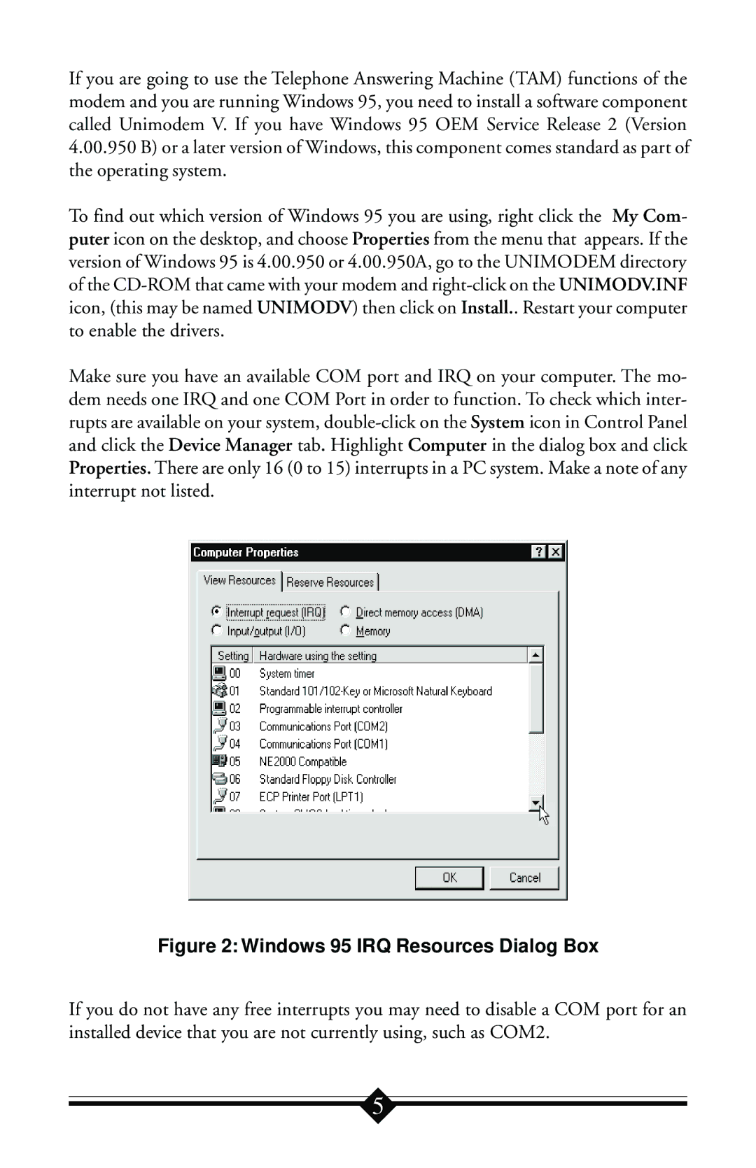 Actiontec electronic IS560LH user manual Windows 95 IRQ Resources Dialog Box 