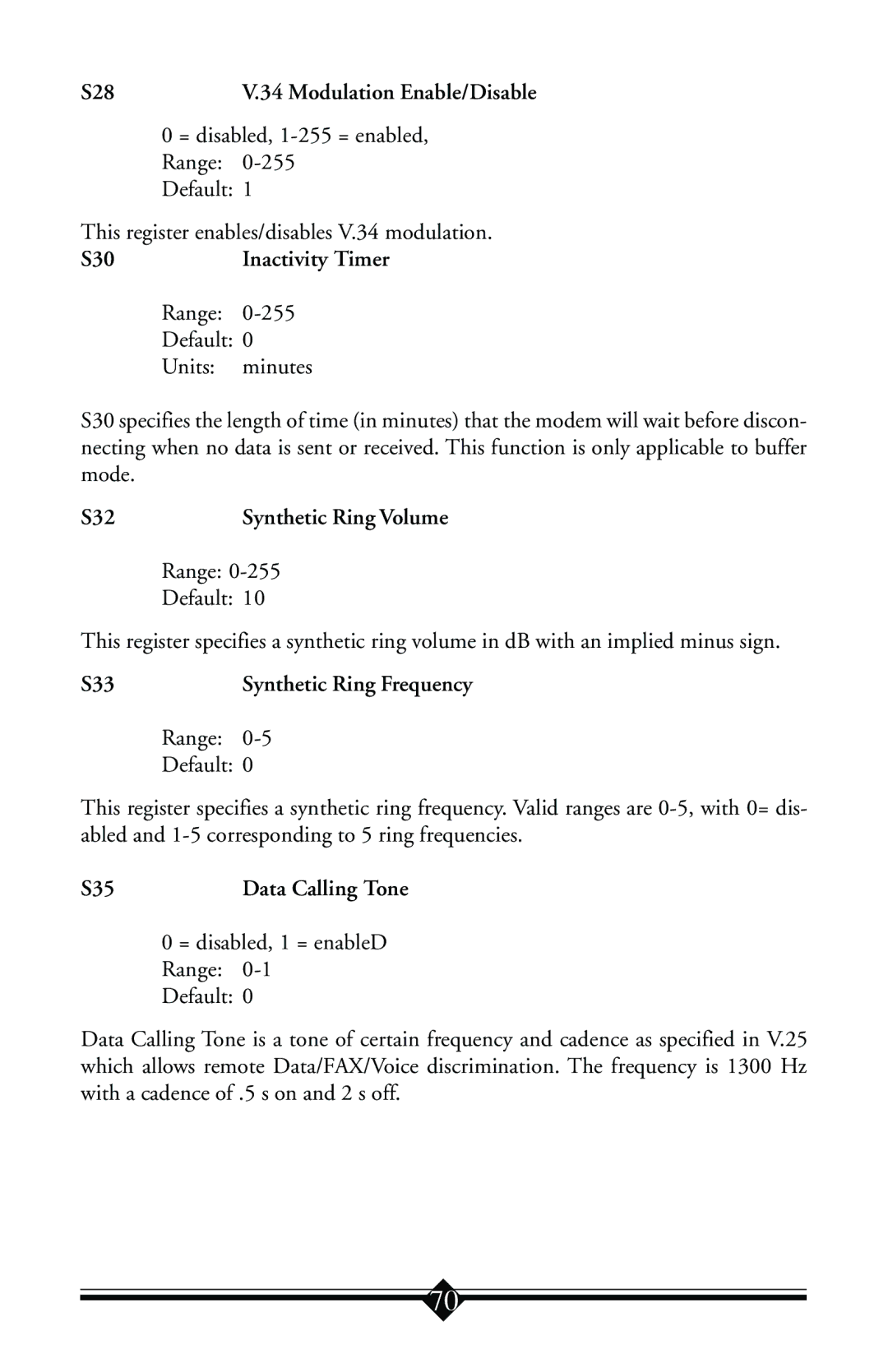 Actiontec electronic IS560LH S28 Modulation Enable/Disable, S30 Inactivity Timer, S32, S33, S35 Data Calling Tone 