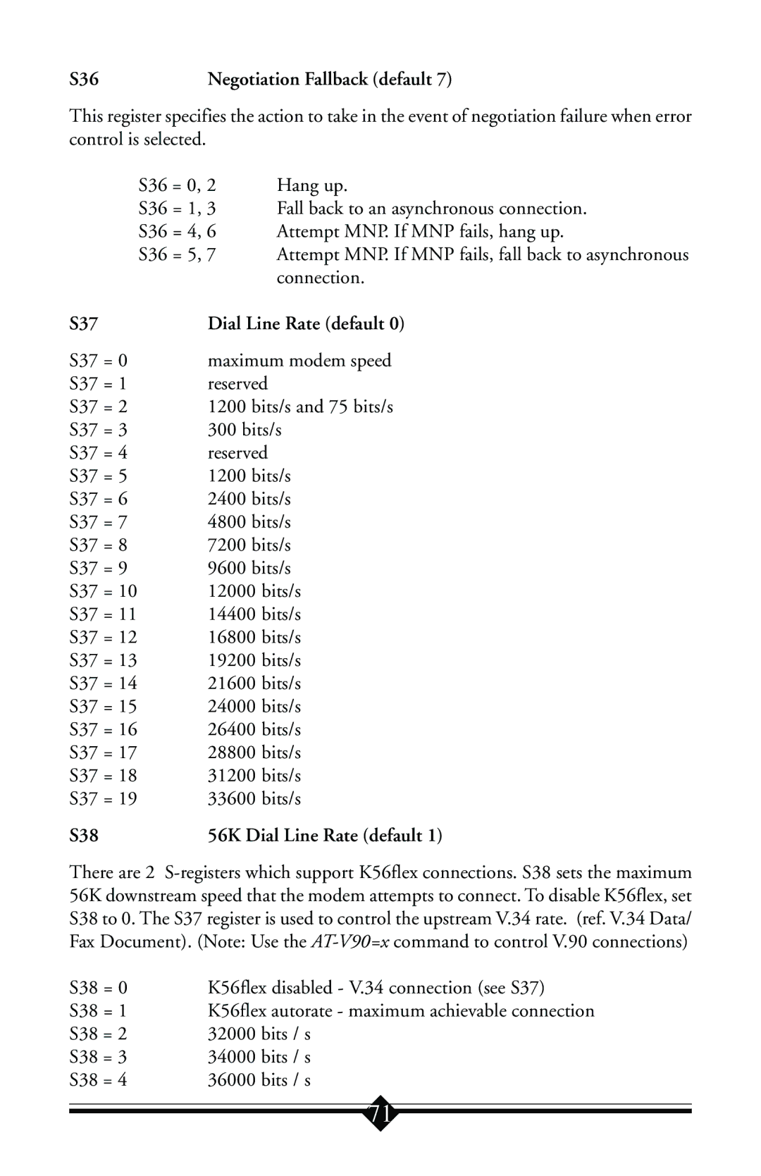 Actiontec electronic IS560LH user manual S36, Connection, S37 Dial Line Rate default, S38 56K Dial Line Rate default 