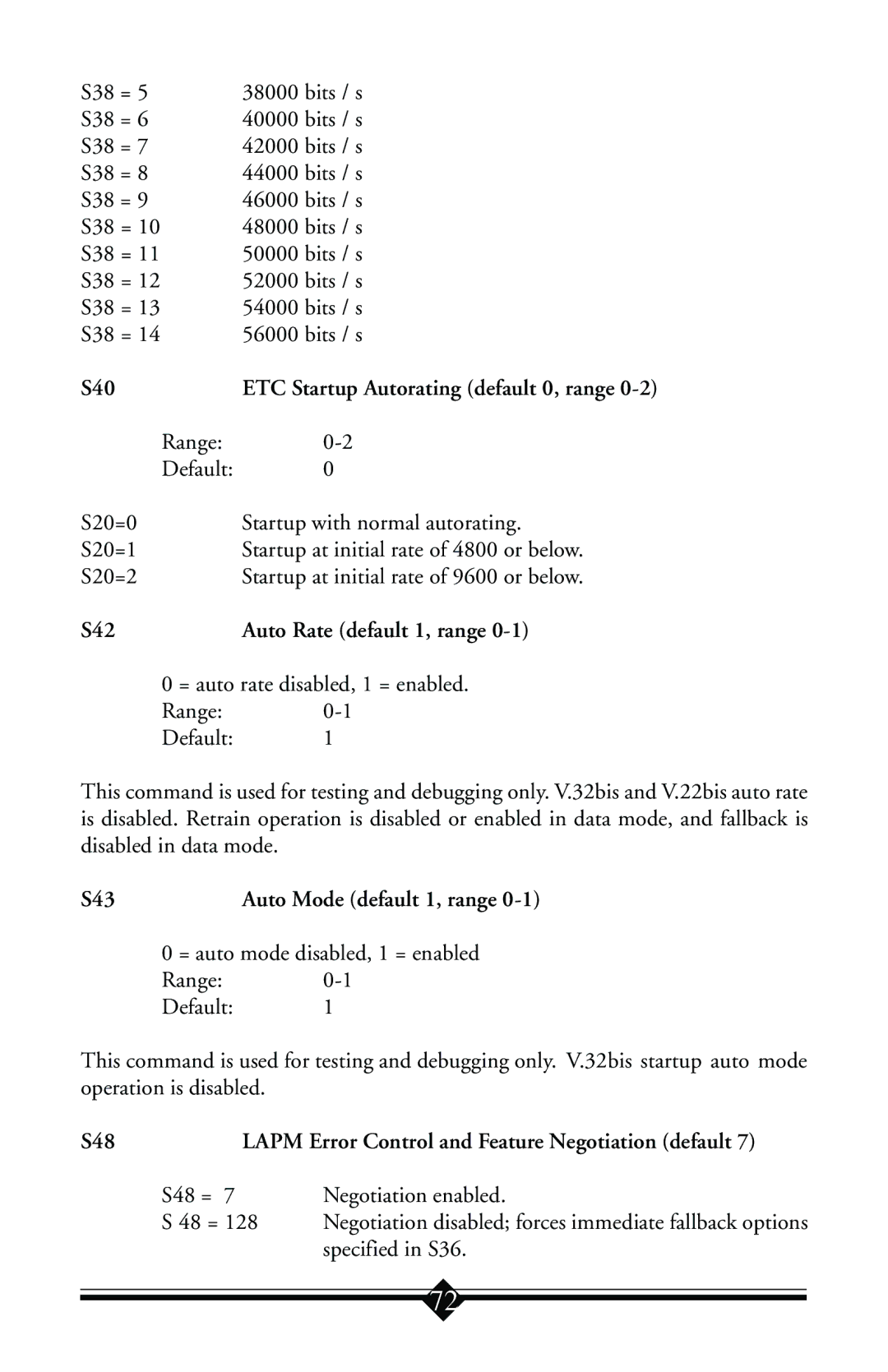 Actiontec electronic IS560LH user manual S40, S42 Auto Rate default 1, range, S43 Auto Mode default 1, range 