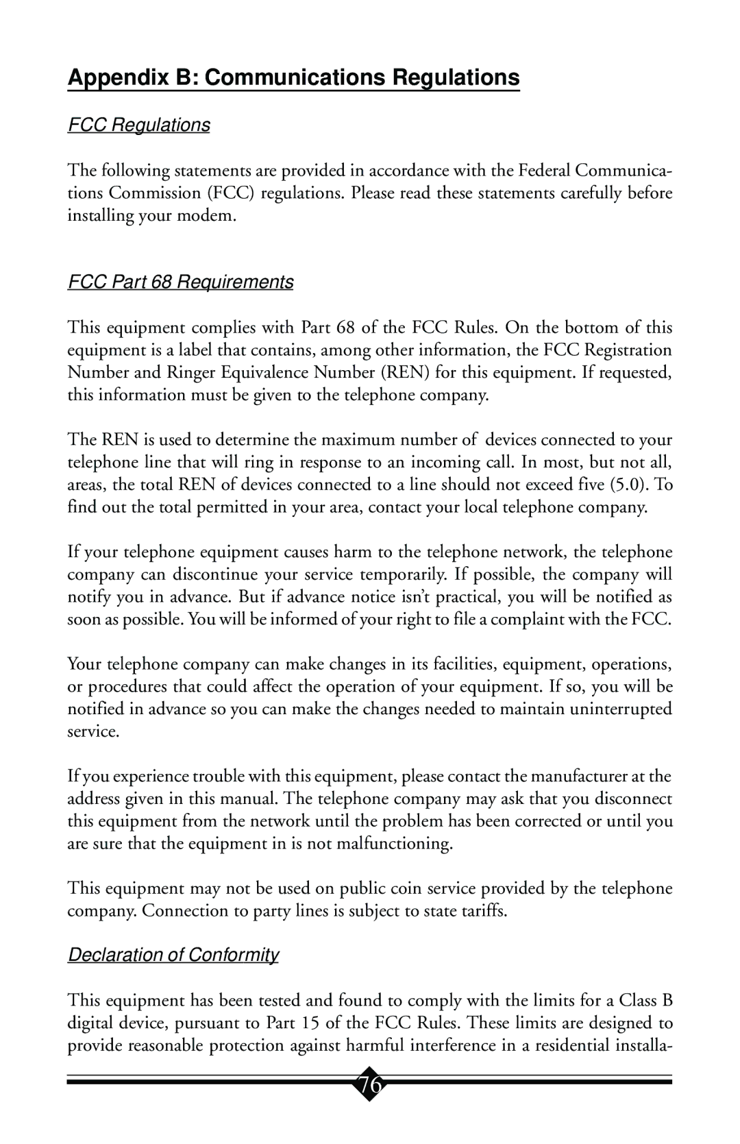 Actiontec electronic IS560LH user manual FCC Regulations, FCC Part 68 Requirements, Declaration of Conformity 