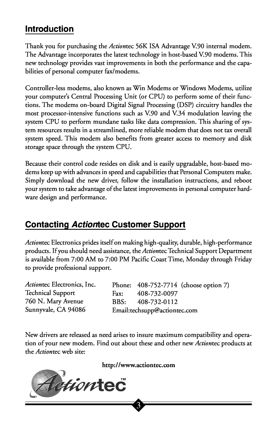 Actiontec electronic IS560LH Introduction, Contacting Actiontec Customer Support, Actiontec Electronics, Inc, Phone 