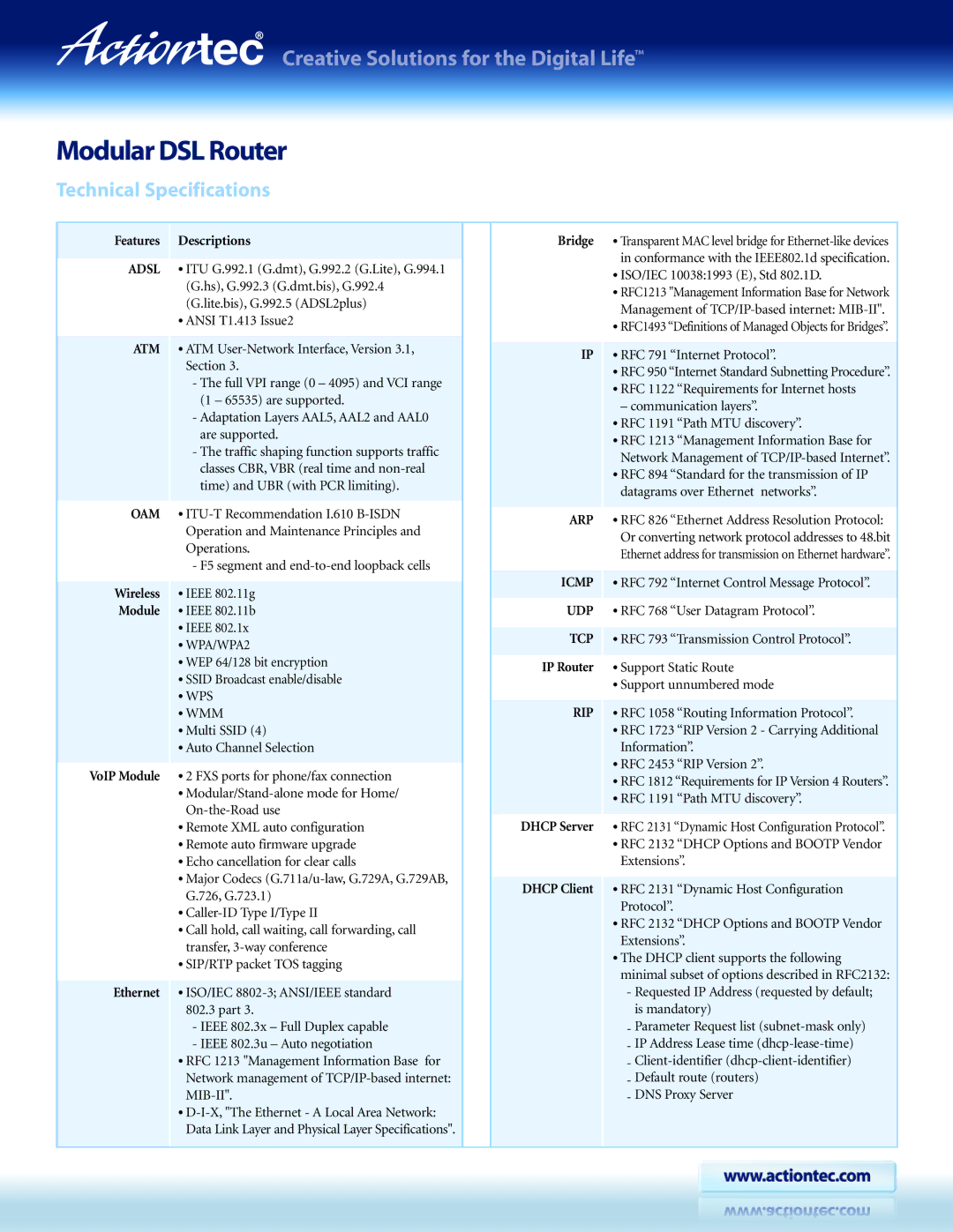 Actiontec electronic M1000 manual ModularDSL Router, Technical Specifications 