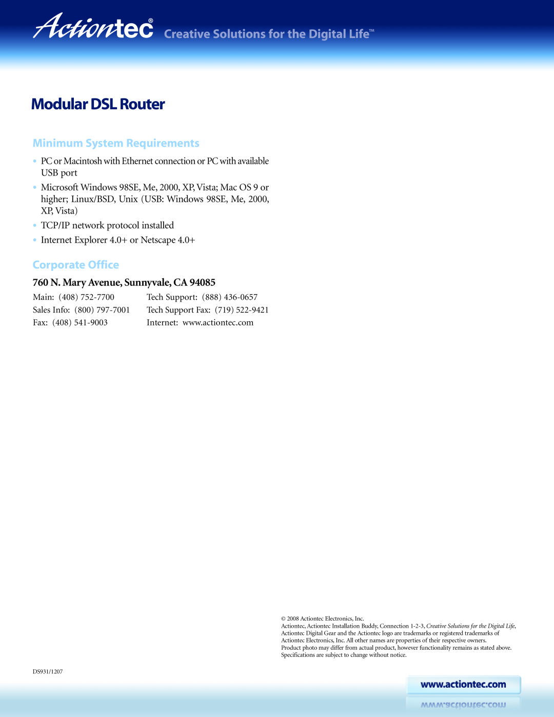 Actiontec electronic M1000 ModularDSLRouter, Minimum System Requirements, Corporate Office, Actiontec Electronics, Inc 