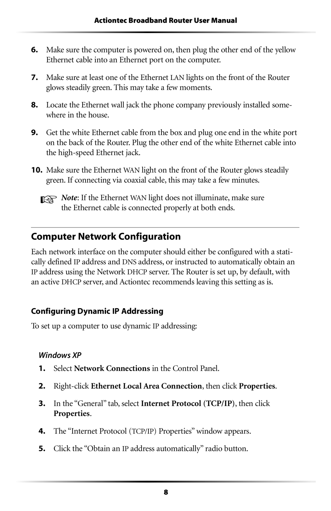 Actiontec electronic MI408 manual Computer Network Configuration, Windows XP 