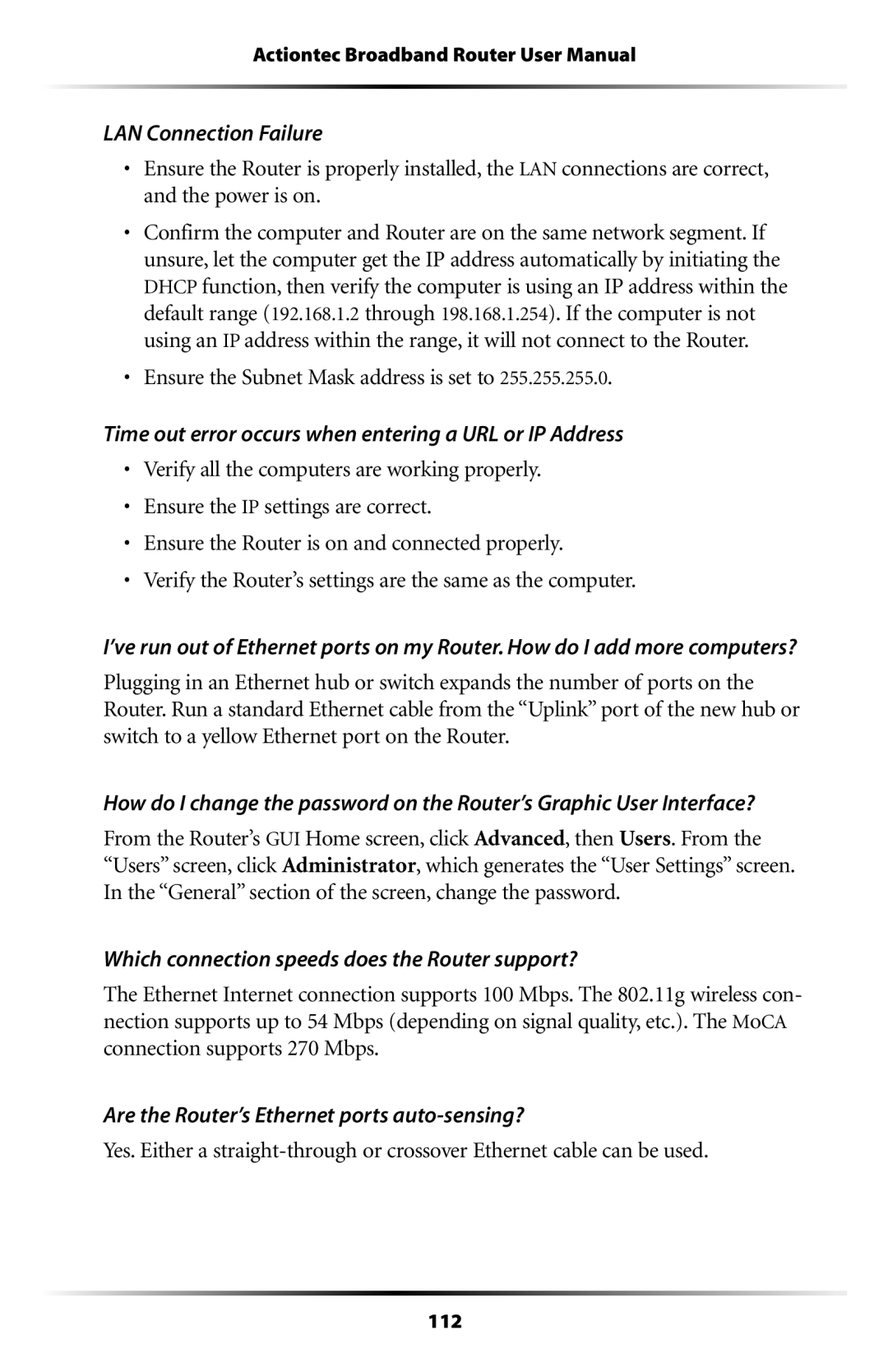 Actiontec electronic MI408 manual LAN Connection Failure, Ensure the Subnet Mask address is set to 