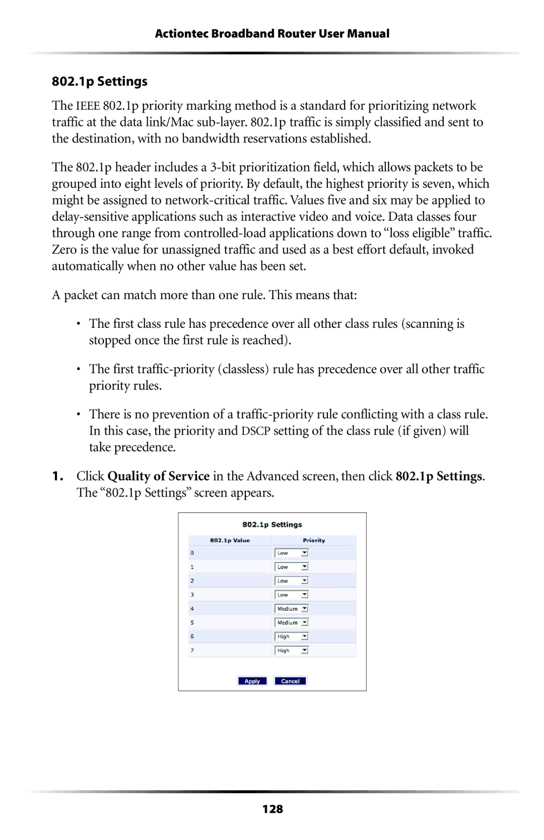 Actiontec electronic MI408 manual 802.1p Settings 