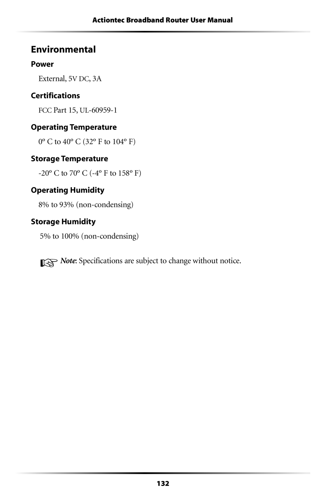 Actiontec electronic MI408 manual Environmental 