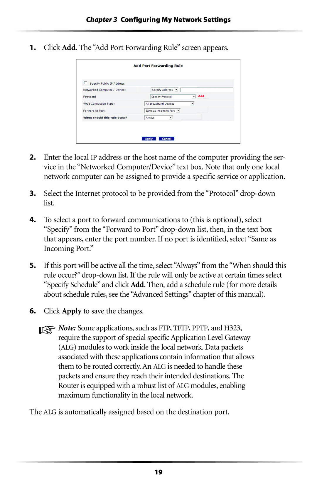 Actiontec electronic MI408 manual Click Add. The Add Port Forwarding Rule screen appears 