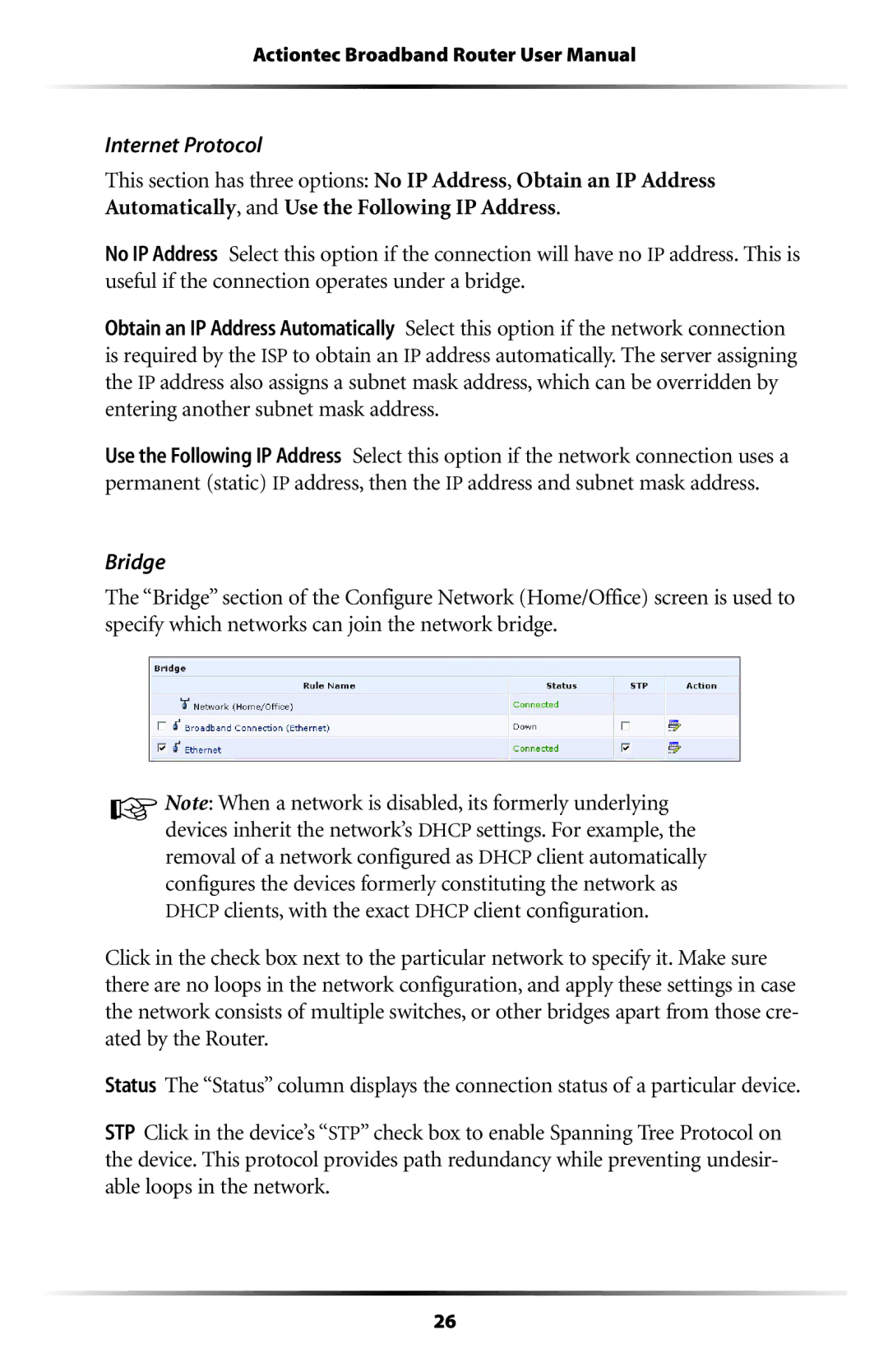 Actiontec electronic MI408 manual Internet Protocol, Bridge 