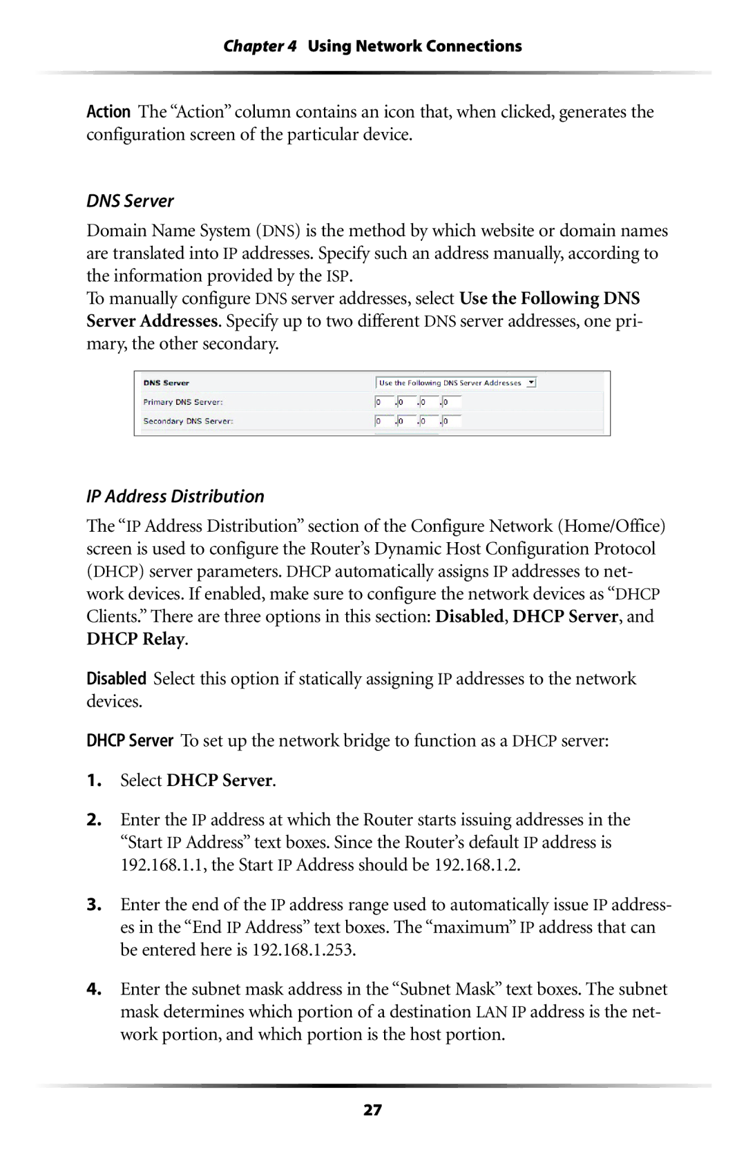 Actiontec electronic MI408 manual DNS Server, IP Address Distribution 