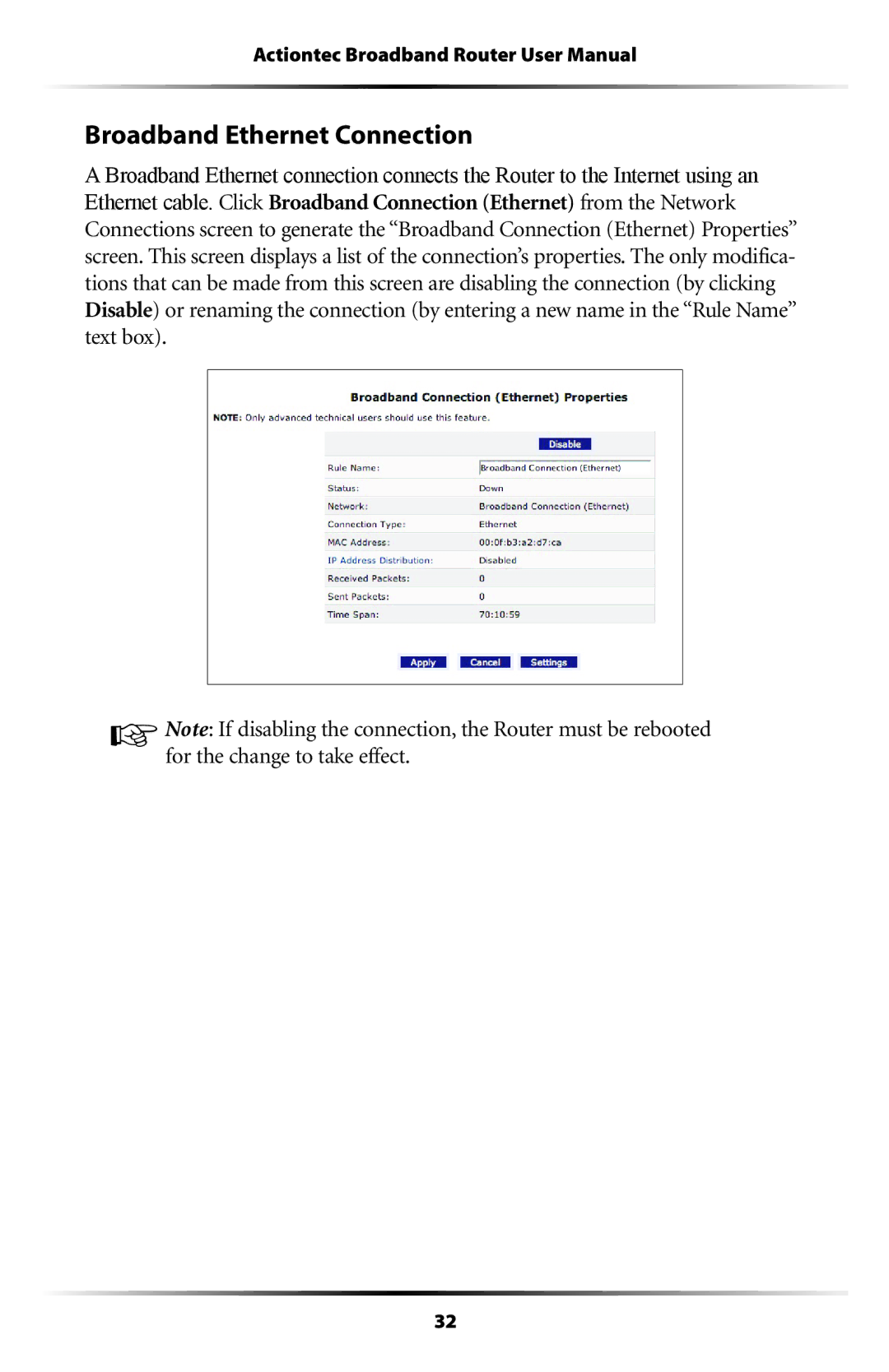 Actiontec electronic MI408 manual Broadband Ethernet Connection 