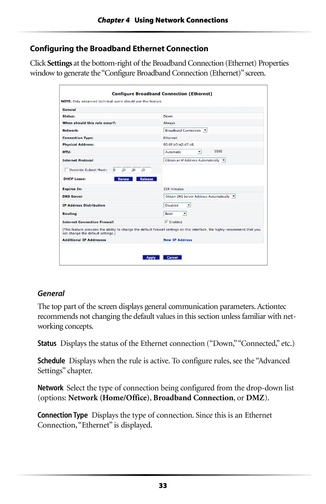 Actiontec electronic MI408 manual Configuring the Broadband Ethernet Connection, General 