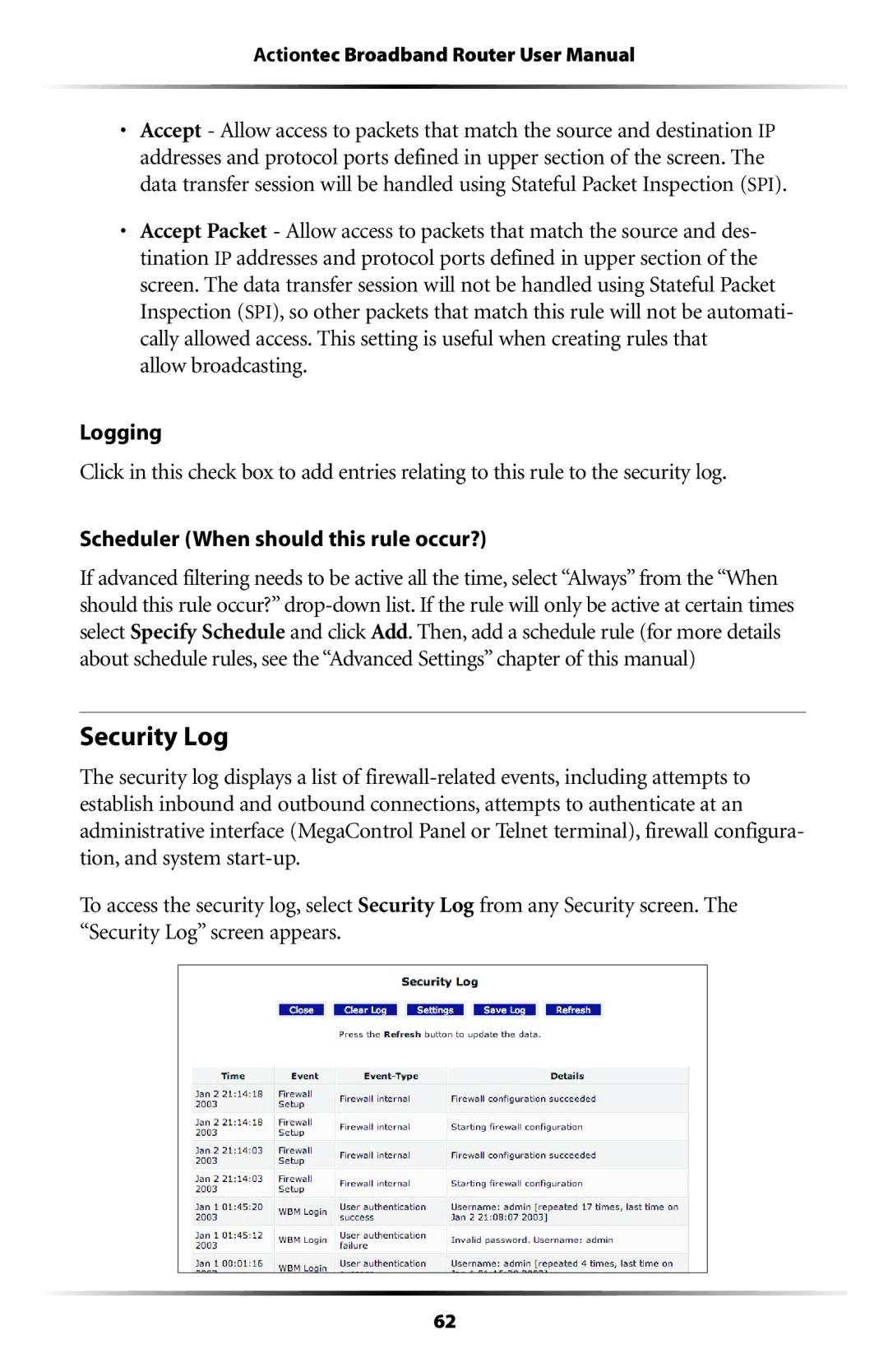 Actiontec electronic MI408 manual Security Log 