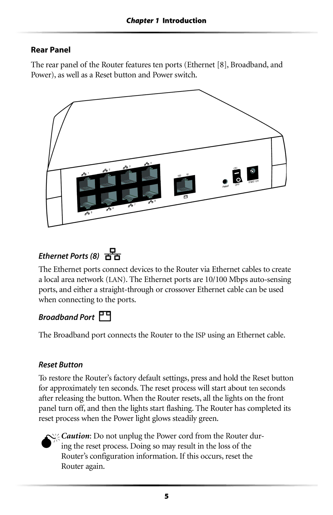 Actiontec electronic MI408 manual Ethernet Ports, Broadband Port, Reset Button 