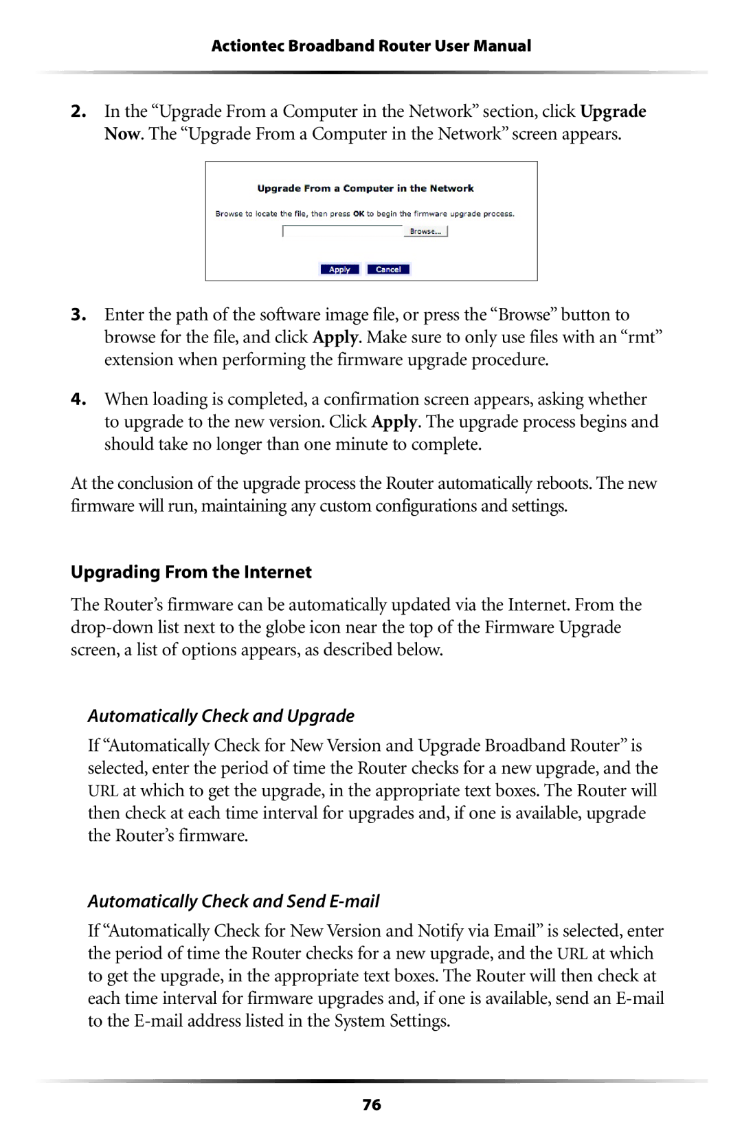 Actiontec electronic MI408 manual Upgrading From the Internet, Automatically Check and Upgrade 