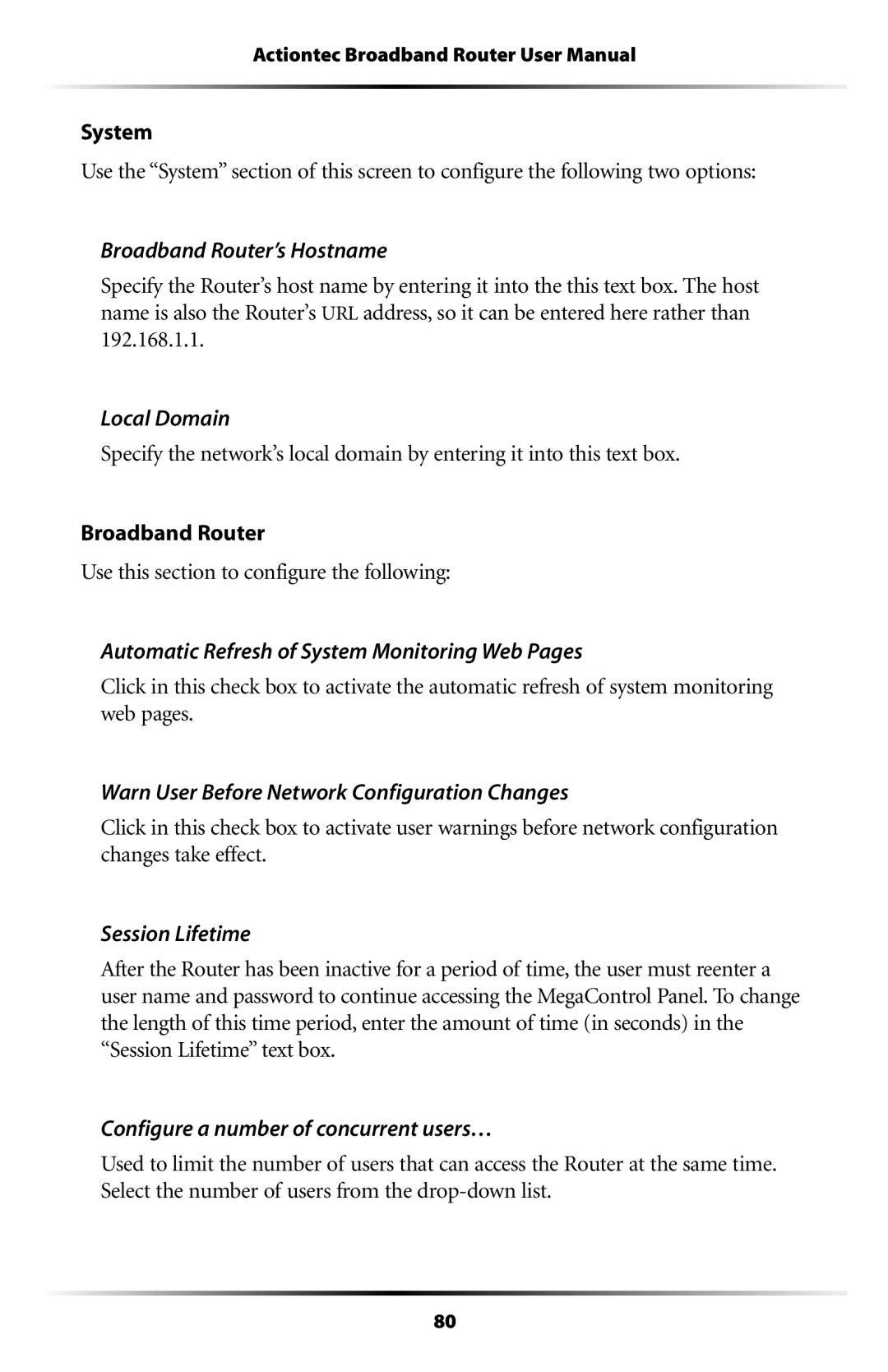 Actiontec electronic MI408 Broadband Router’s Hostname, Local Domain, Automatic Refresh of System Monitoring Web Pages 