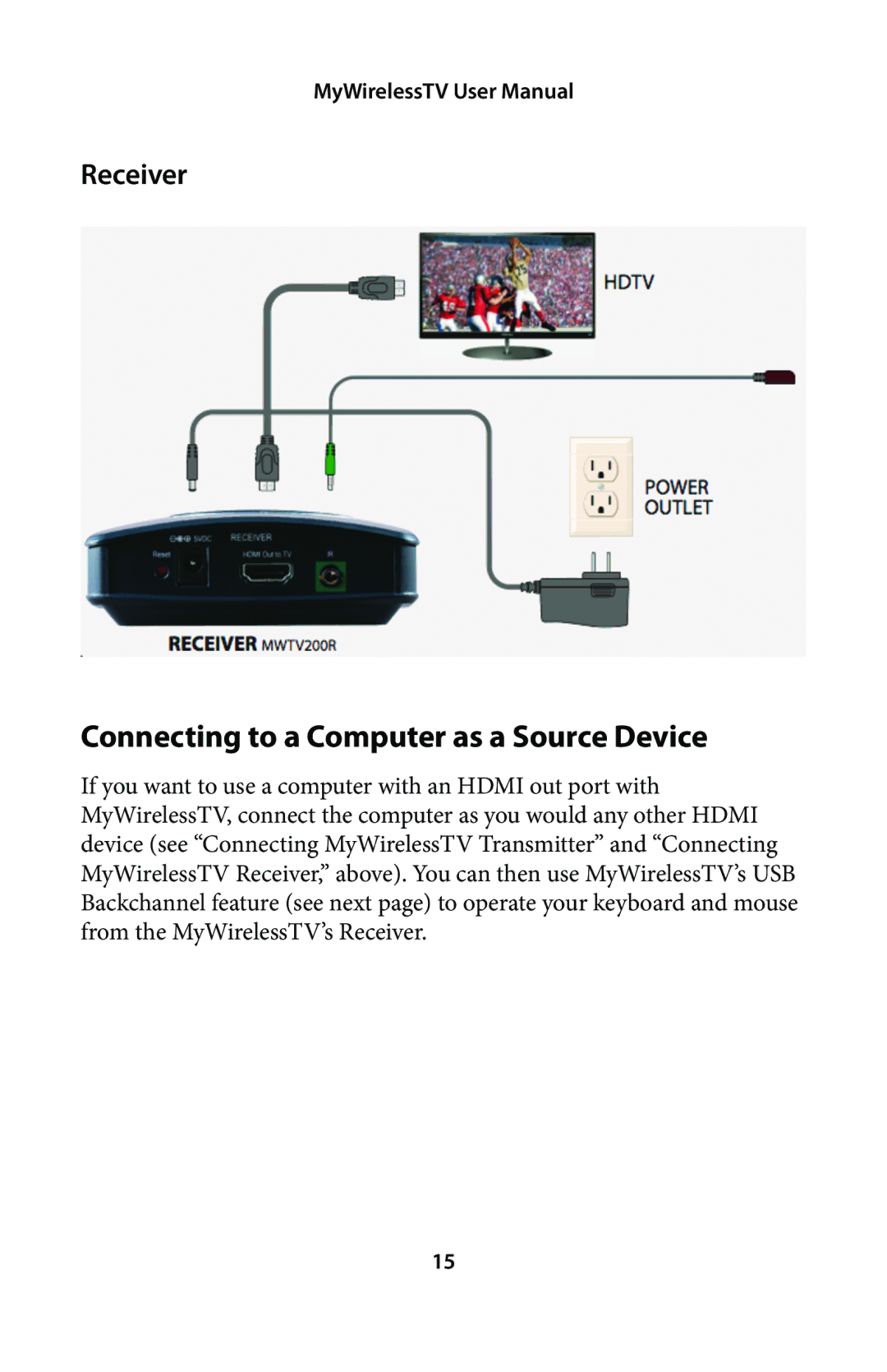 Actiontec electronic MWTV200KIT01 user manual Connecting to a Computer as a Source Device, Receiver 