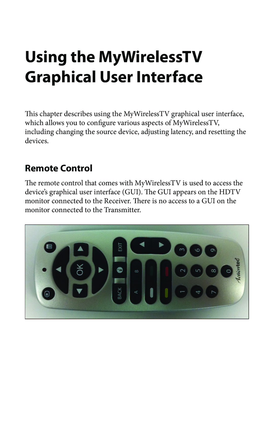 Actiontec electronic MWTV200KIT01 user manual Using the MyWirelessTV Graphical User Interface, Remote Control 