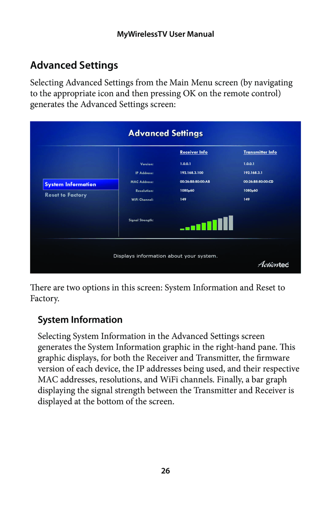 Actiontec electronic MWTV200KIT01 user manual Advanced Settings, System Information 