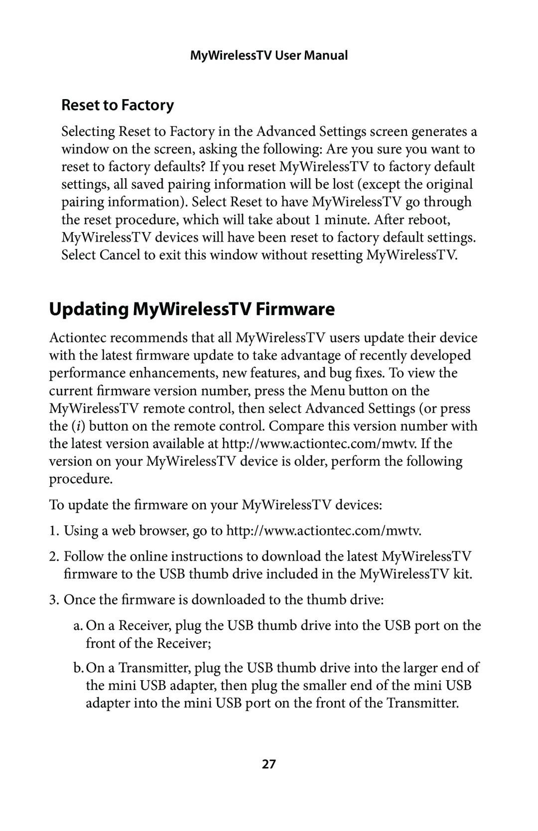 Actiontec electronic MWTV200KIT01 user manual Updating MyWirelessTV Firmware, Reset to Factory 