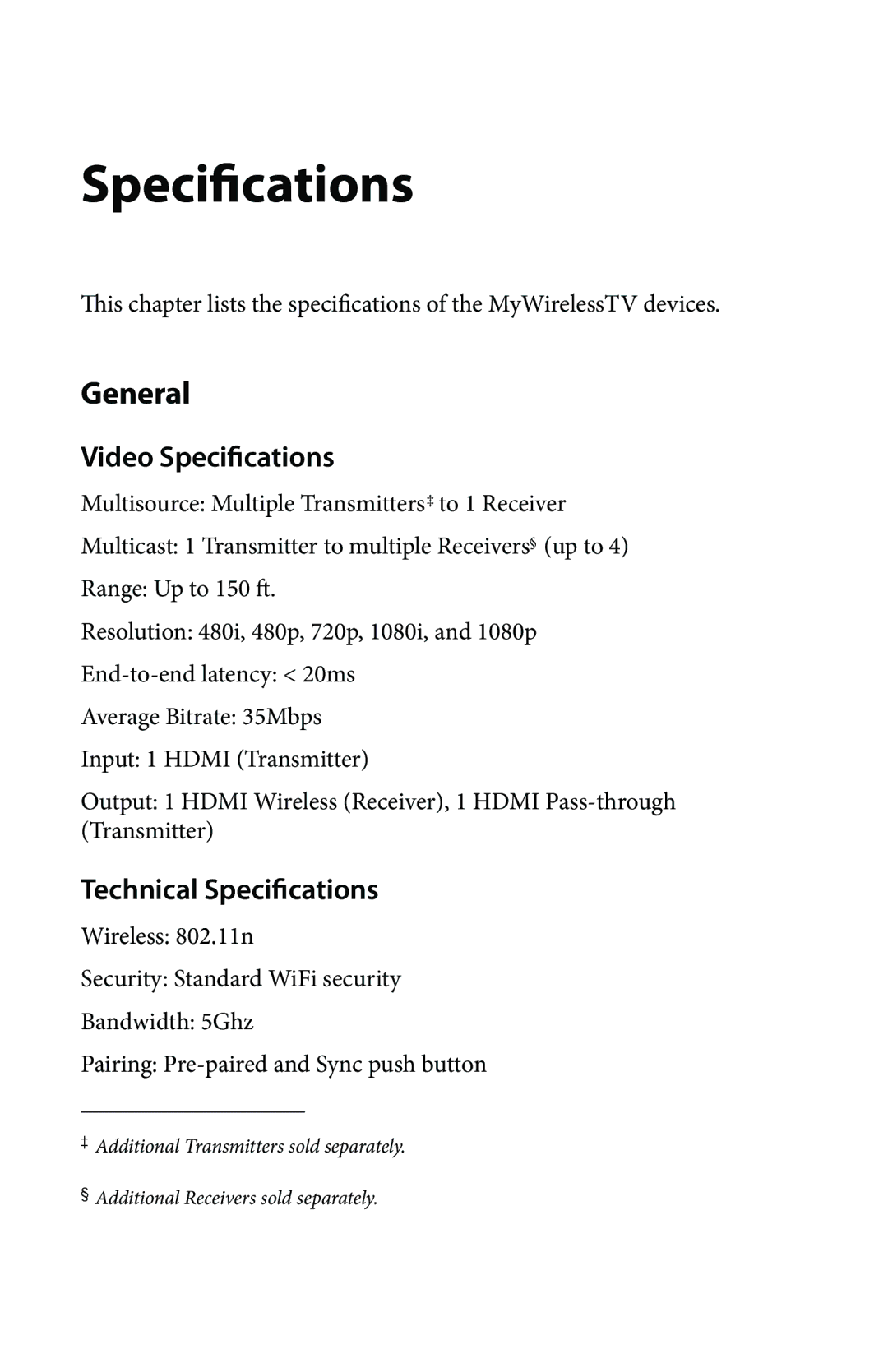 Actiontec electronic MWTV200KIT01 user manual General, Video Speci cations, Technical Speci cations 