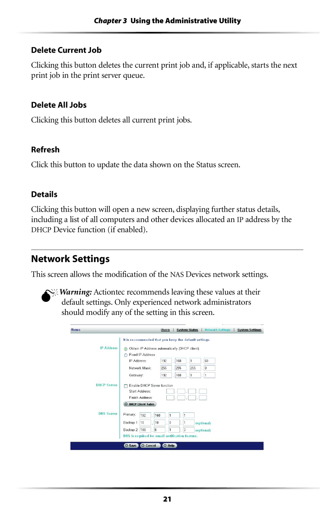 Actiontec electronic NS100-200, NS100-250, NS-100, NS100-300, NS100-400, NS100-160 user manual Network Settings 