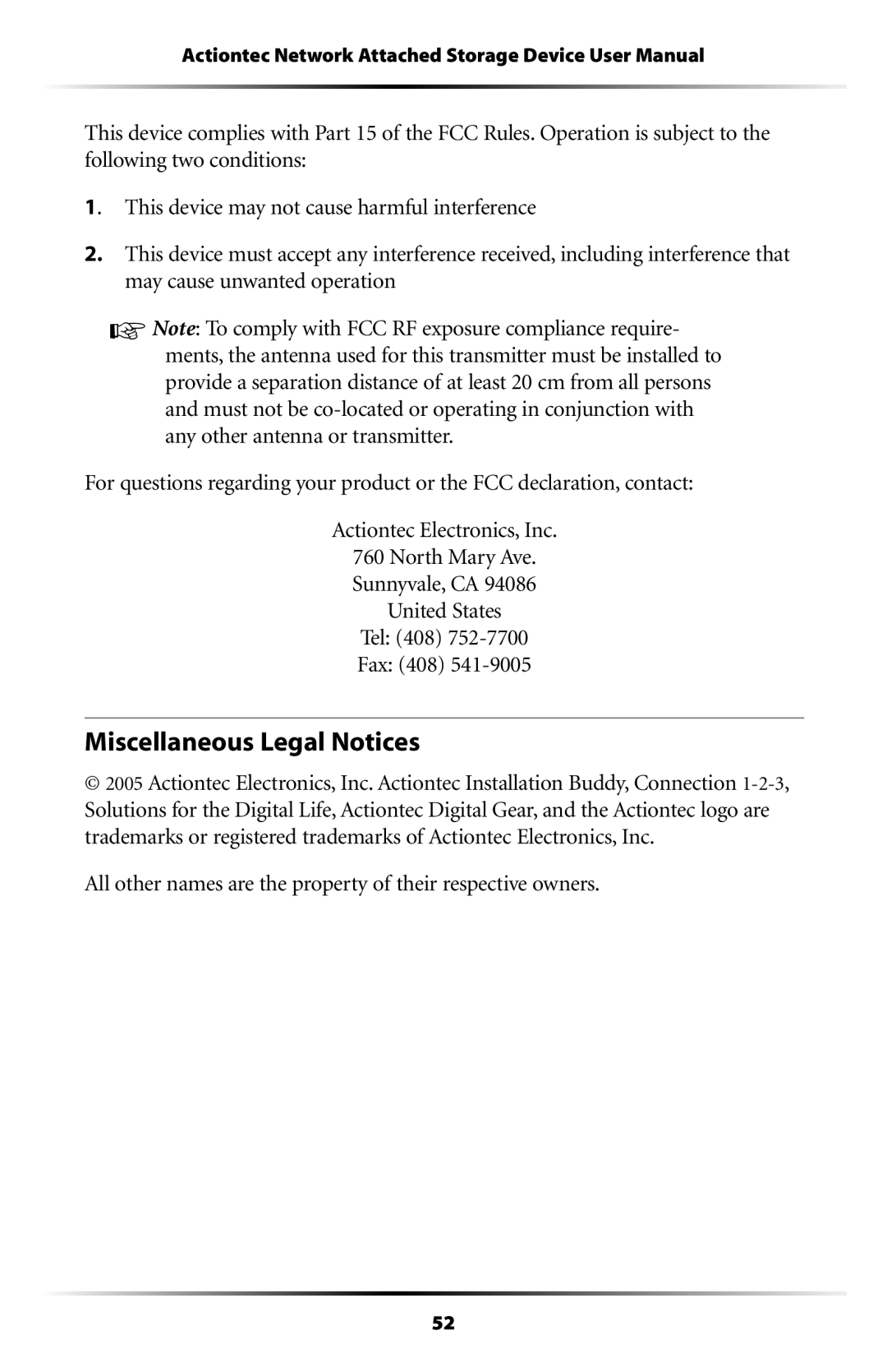 Actiontec electronic NS100-250 Miscellaneous Legal Notices, All other names are the property of their respective owners 