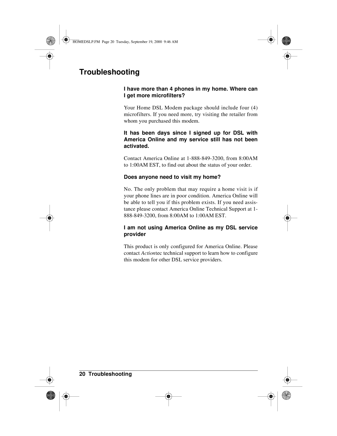 Actiontec electronic PCI0839-01 manual Troubleshooting, Does anyone need to visit my home? 