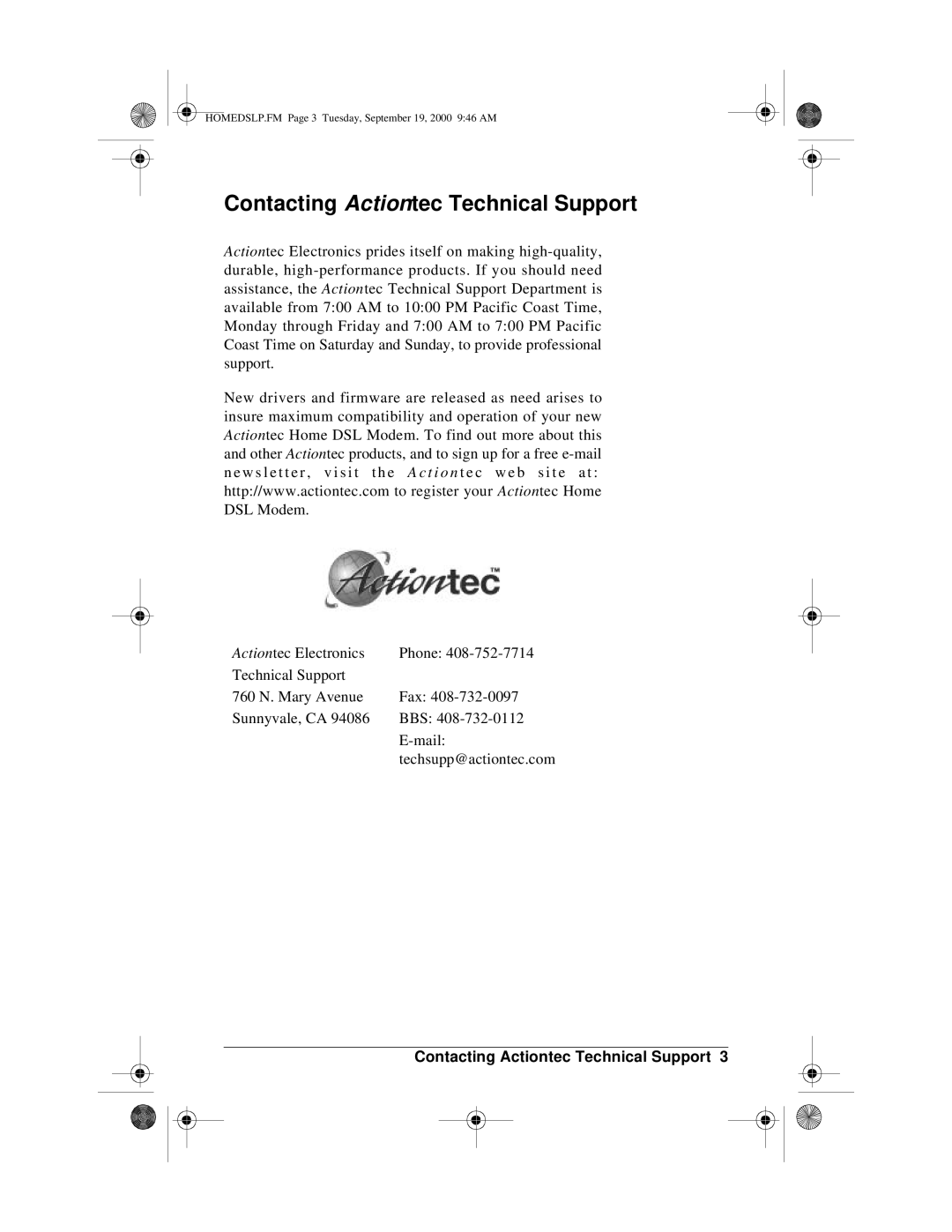 Actiontec electronic PCI0839-01 manual Contacting Actiontec Technical Support 