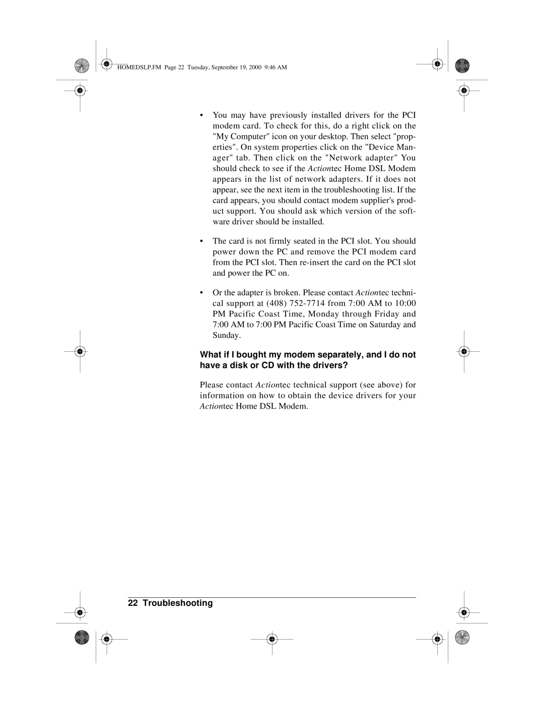 Actiontec electronic PCI0839-01 manual HOMEDSLP.FM Page 22 Tuesday, September 19, 2000 946 AM 