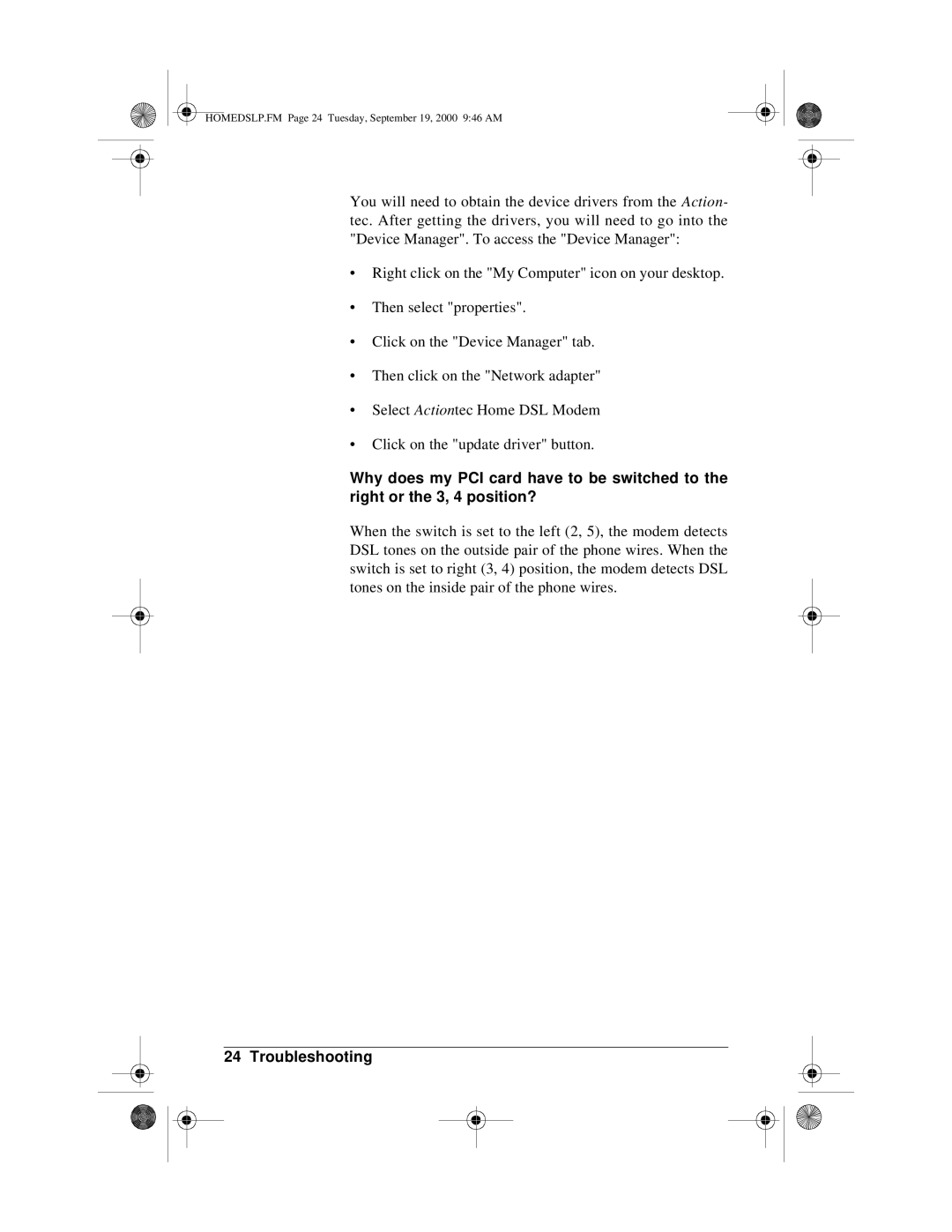 Actiontec electronic PCI0839-01 manual HOMEDSLP.FM Page 24 Tuesday, September 19, 2000 946 AM 